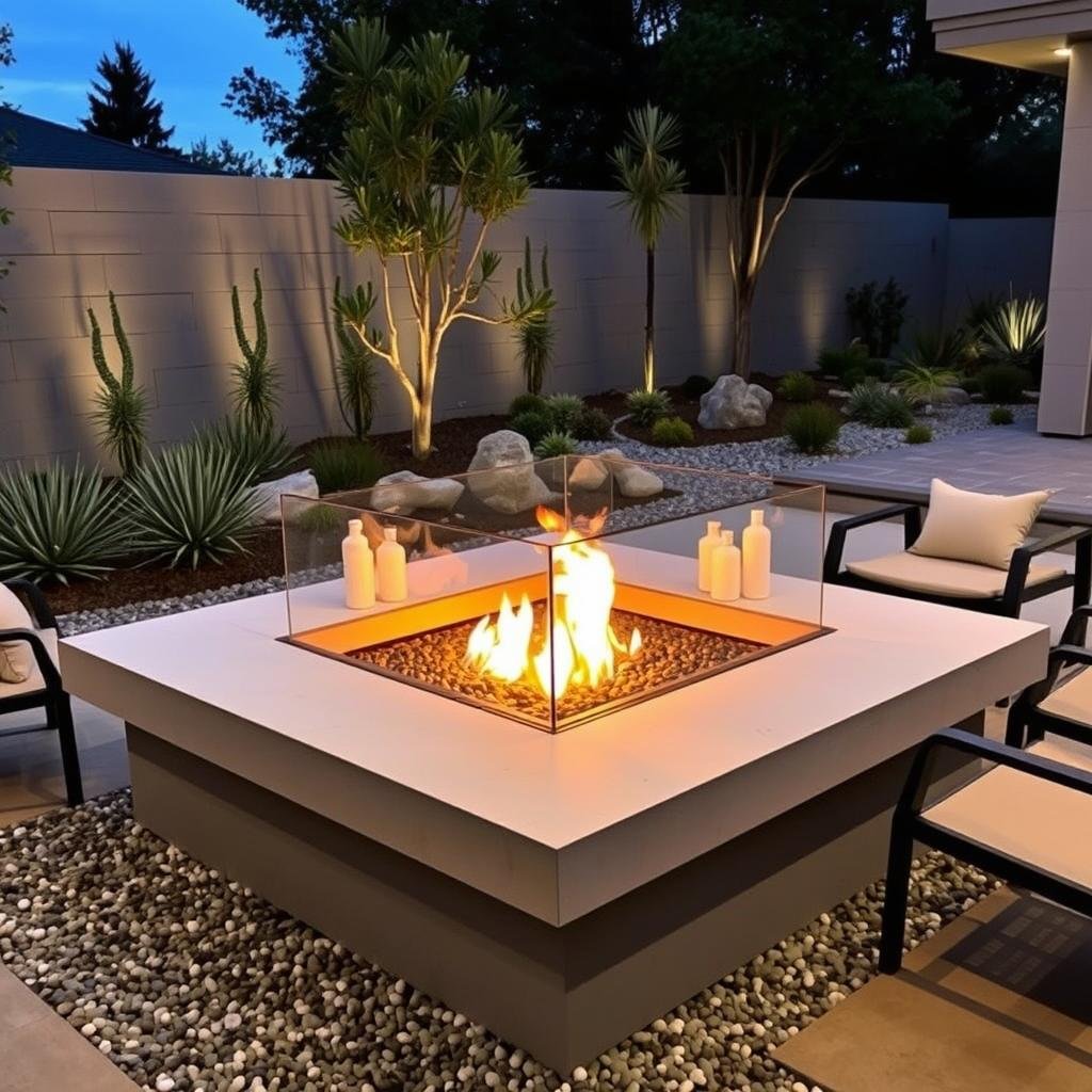 Sleek concrete fire pit with glass guard in a modern backyard seating area Sleek concrete fire pit with glass guard in a modern backyard seating area