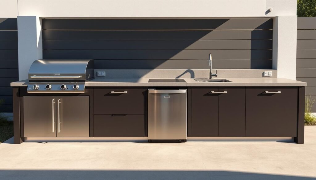Sleek outdoor kitchen with linear design featuring stainless steel appliances and minimalist cabinetry Sleek outdoor kitchen with linear design featuring stainless steel appliances and minimalist cabinetry