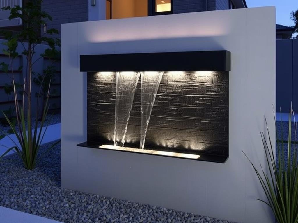 Sleek wall-mounted water feature with LED lighting in a modern backyard setting Sleek wall-mounted water feature with LED lighting in a modern backyard setting