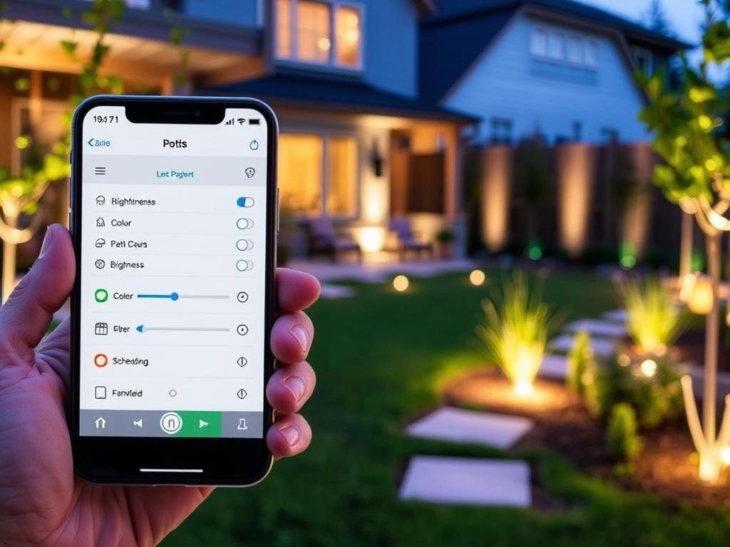 Smart outdoor lighting system with app control shown on smartphone with modern backyard in background Smart outdoor lighting system with app control shown on smartphone with modern backyard in background