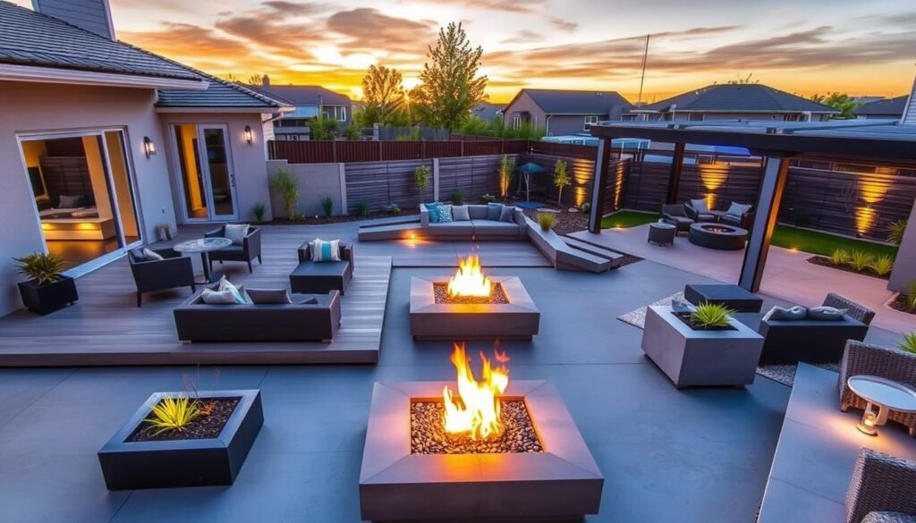 Stunning modern backyard at sunset featuring multiple upgrades discussed in the article including floating deck, fire feature, and architectural lighting Stunning modern backyard at sunset featuring multiple upgrades discussed in the article including floating deck, fire feature, and architectural lighting