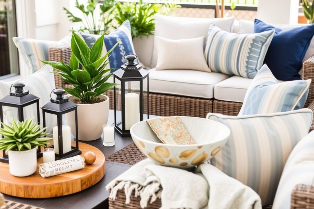 Styled outdoor living room with pillows, lanterns, and decorative elements creating a finished look Styled outdoor living room with pillows, lanterns, and decorative elements creating a finished look
