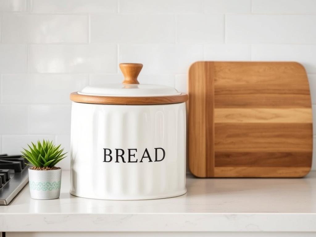 Stylish bread box with wooden lid on kitchen counter next to a small plant Stylish bread box with wooden lid on kitchen counter next to a small plant