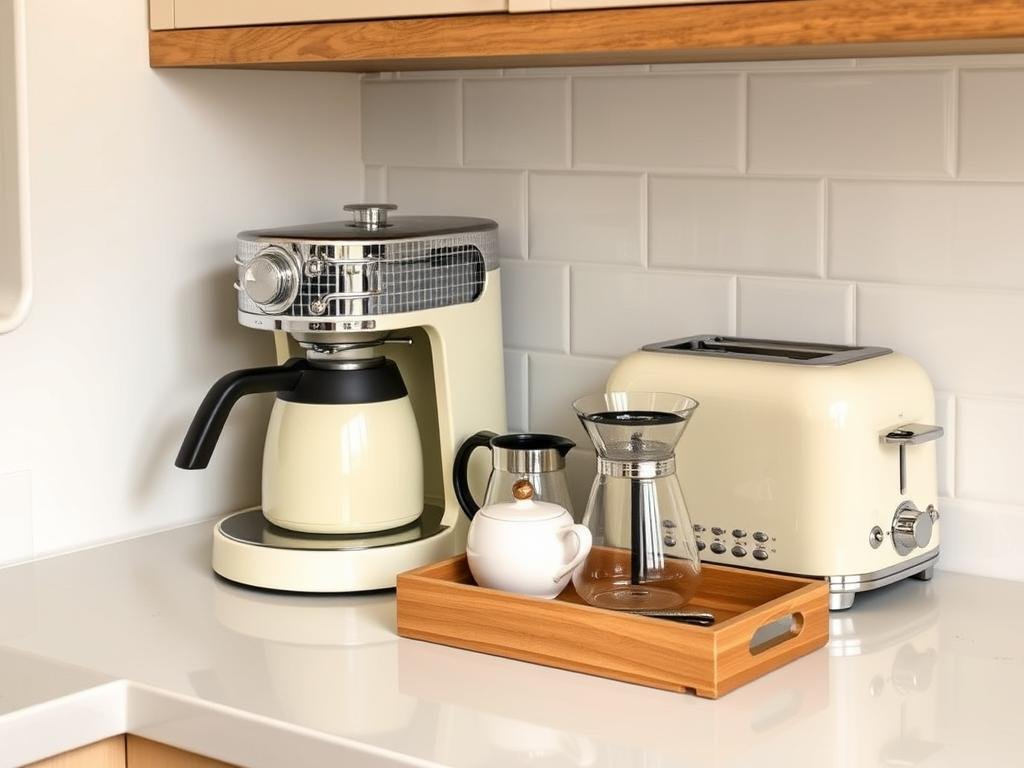 Stylish retro-inspired coffee maker and toaster on kitchen counter with organized accessories Stylish retro-inspired coffee maker and toaster on kitchen counter with organized accessories