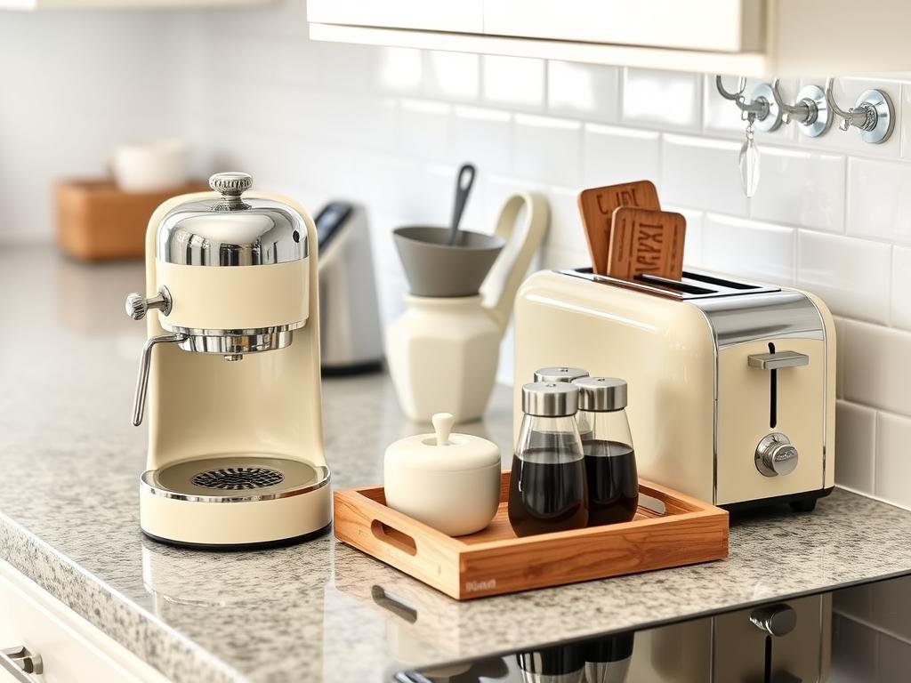 Stylish retro-inspired coffee maker and toaster on kitchen counter with organized accessories Stylish retro-inspired coffee maker and toaster on kitchen counter with organized accessories