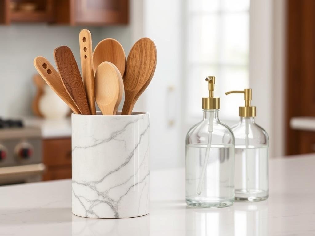 Stylish utensil holder with wooden spoons and a decorative soap dispenser on kitchen counter Stylish utensil holder with wooden spoons and a decorative soap dispenser on kitchen counter