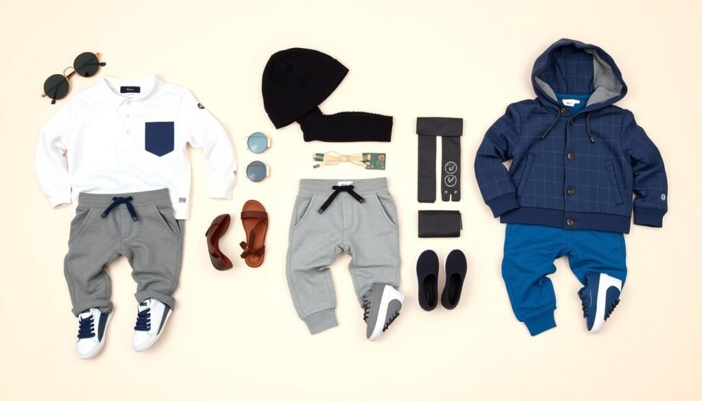 Three complete baby boy streetwear outfits laid flat showing different style options Three complete baby boy streetwear outfits laid flat showing different style options