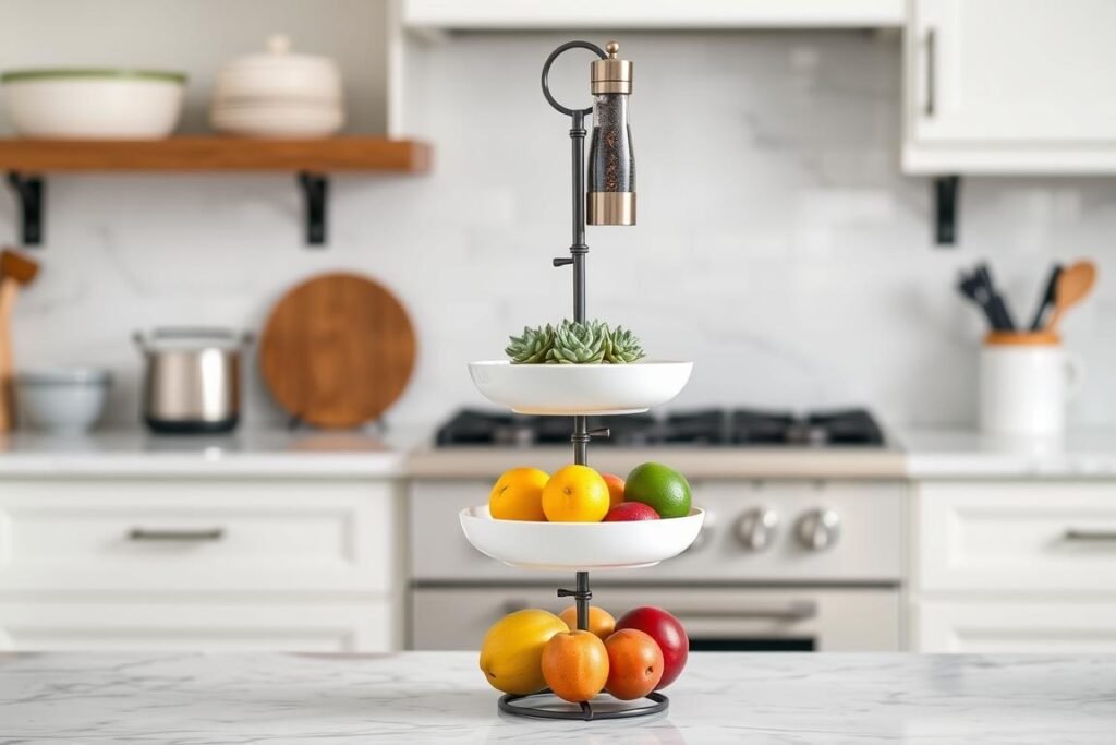 Three-tiered stand on kitchen counter displaying fruit, small plants and kitchen accessories Three-tiered stand on kitchen counter displaying fruit, small plants and kitchen accessories