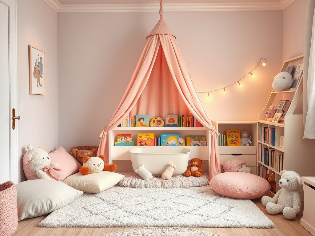 Toddler bedroom with a dedicated reading corner featuring a canopy and bookshelf Toddler bedroom with a dedicated reading corner featuring a canopy and bookshelf
