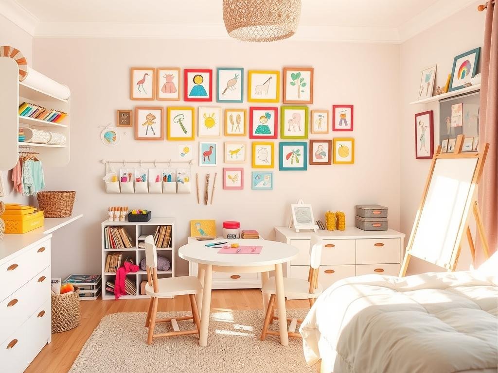Toddler bedroom with dedicated art area and display wall for creations Toddler bedroom with dedicated art area and display wall for creations