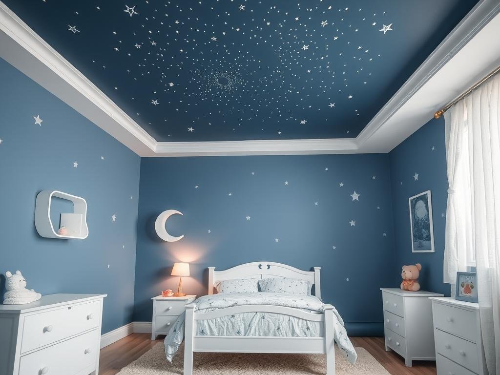 Toddler bedroom with star ceiling projector and moon-themed decor Toddler bedroom with star ceiling projector and moon-themed decor