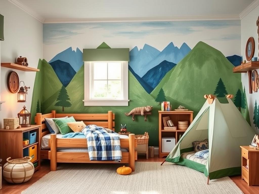 Toddler boy bedroom with adventure theme featuring mountain wall mural and camping-inspired elements