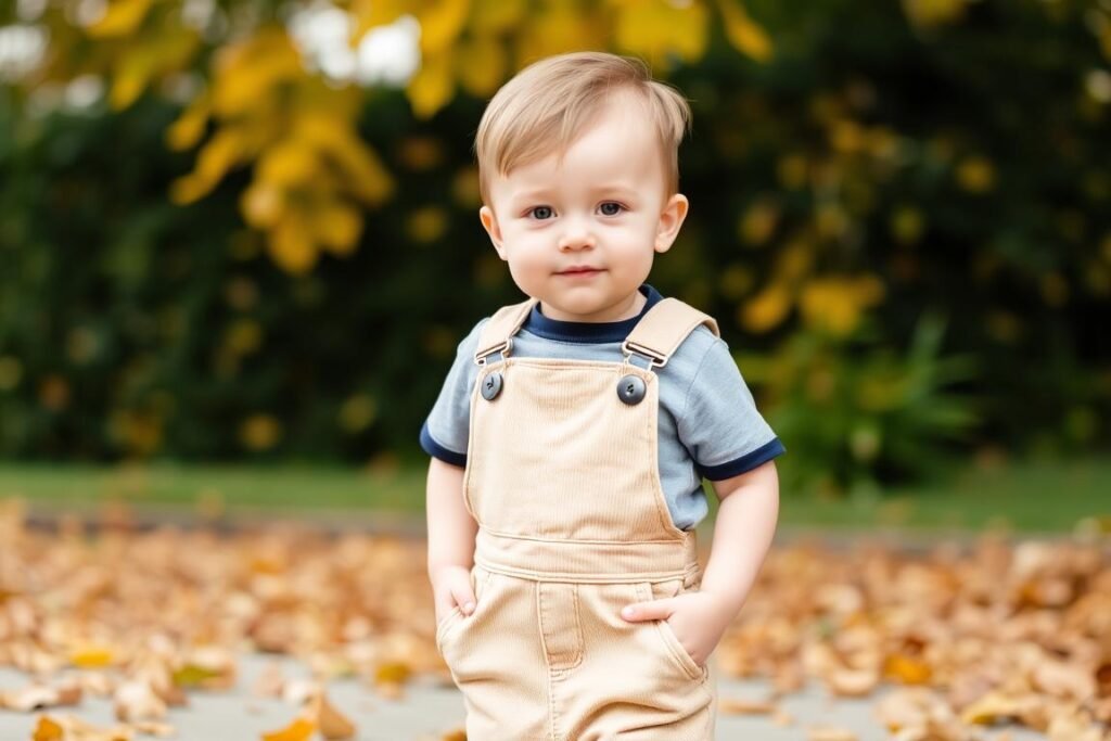 Toddler boy in beige corduroy overalls paired with a graphic tee Toddler boy in beige corduroy overalls paired with a graphic tee