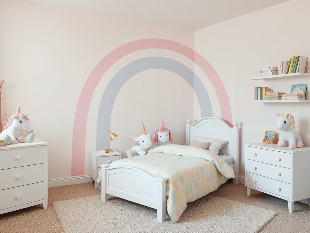 Toddler girl bedroom with soft rainbow wall decals and neutral furniture Toddler girl bedroom with soft rainbow wall decals and neutral furniture