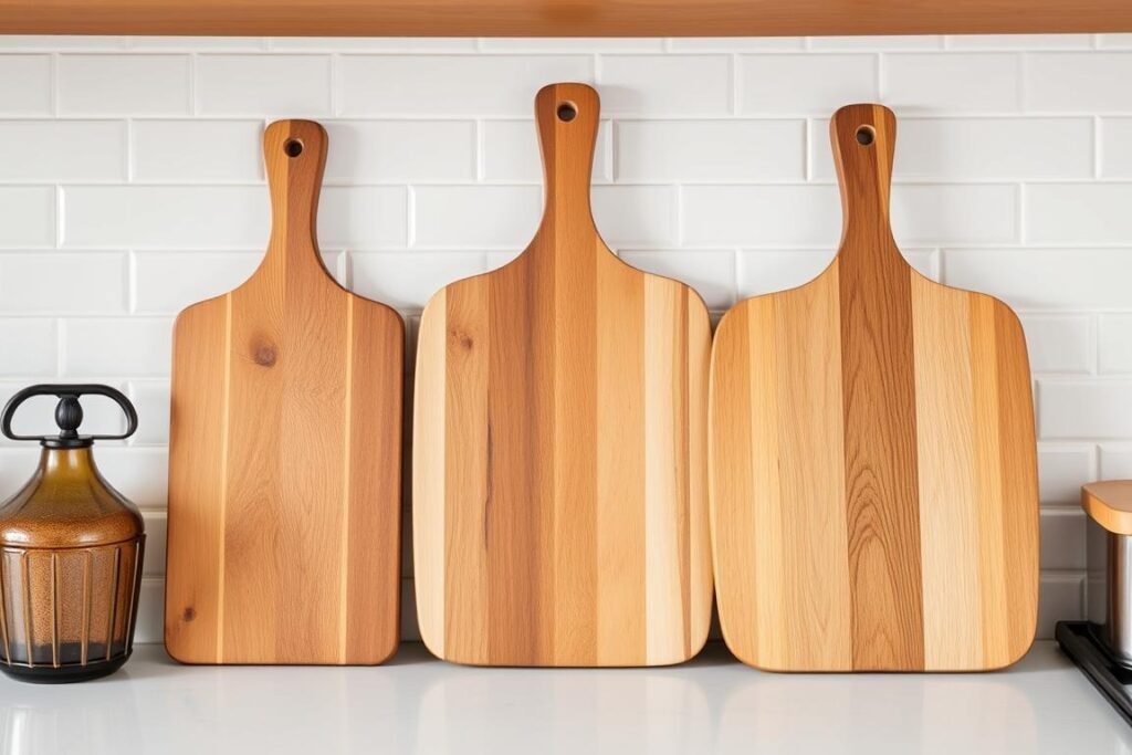 Wooden cutting boards of different sizes leaning against a kitchen backsplash as decorative elements Wooden cutting boards of different sizes leaning against a kitchen backsplash as decorative elements