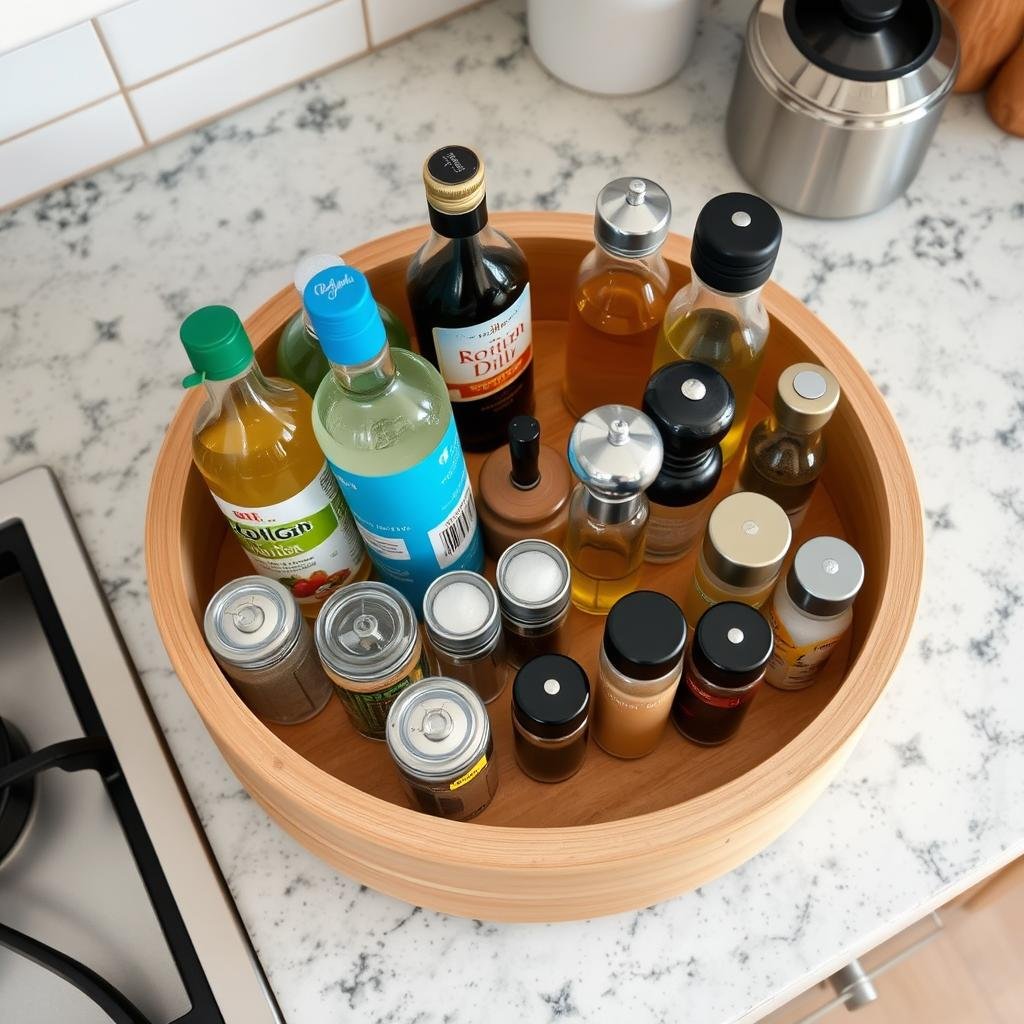 Wooden lazy Susan on kitchen counter organizing cooking oils and spices Wooden lazy Susan on kitchen counter organizing cooking oils and spices