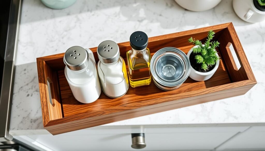 Wooden tray organizing kitchen countertop items including salt and pepper shakers, olive oil, and a small plant